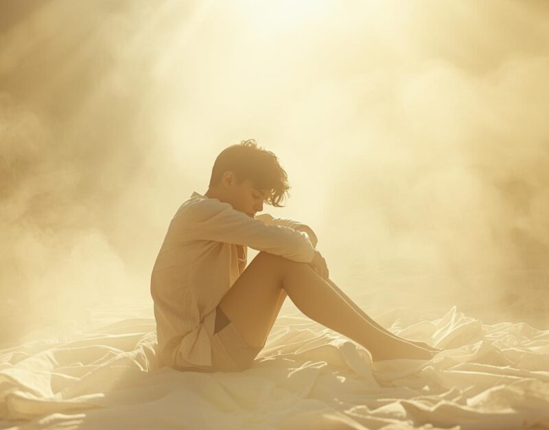 A young adult sitting quietly hugging themselves in warm soft sunlight, peaceful safe atmosphere, emotional healing symbolism, cinematic slow camera movement, beige and cream tones, 4K A young adult sitting quietly hugging themselves in warm soft sunlight, peaceful safe atmosphere, emotional healing symbolism, cinematic slow camera movement, beige and cream tones, 4K