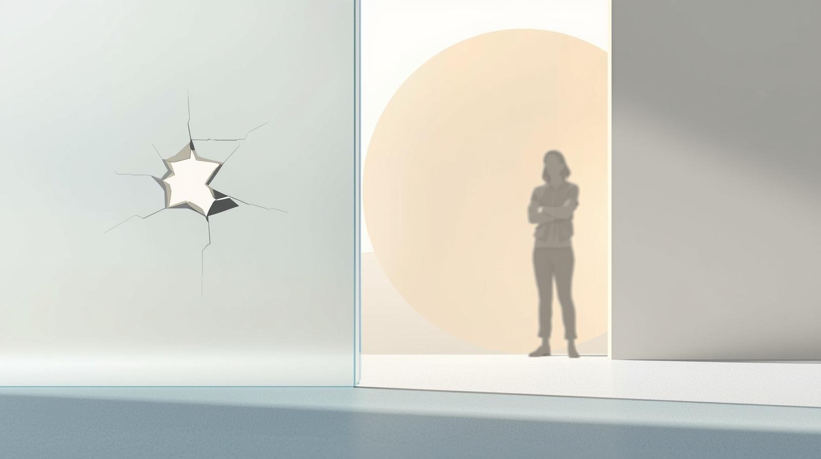 Breaking stigma – person standing behind shattered glass symbolizing emotional barriers