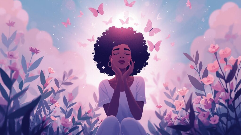Illustration representing women’s mental health awareness with a thoughtful woman surrounded by calming flowers and soft light symbolizing healing and emotional well-being.