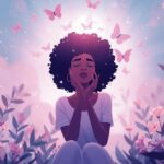 Illustration representing women’s mental health awareness with a thoughtful woman surrounded by calming flowers and soft light symbolizing healing and emotional well-being.