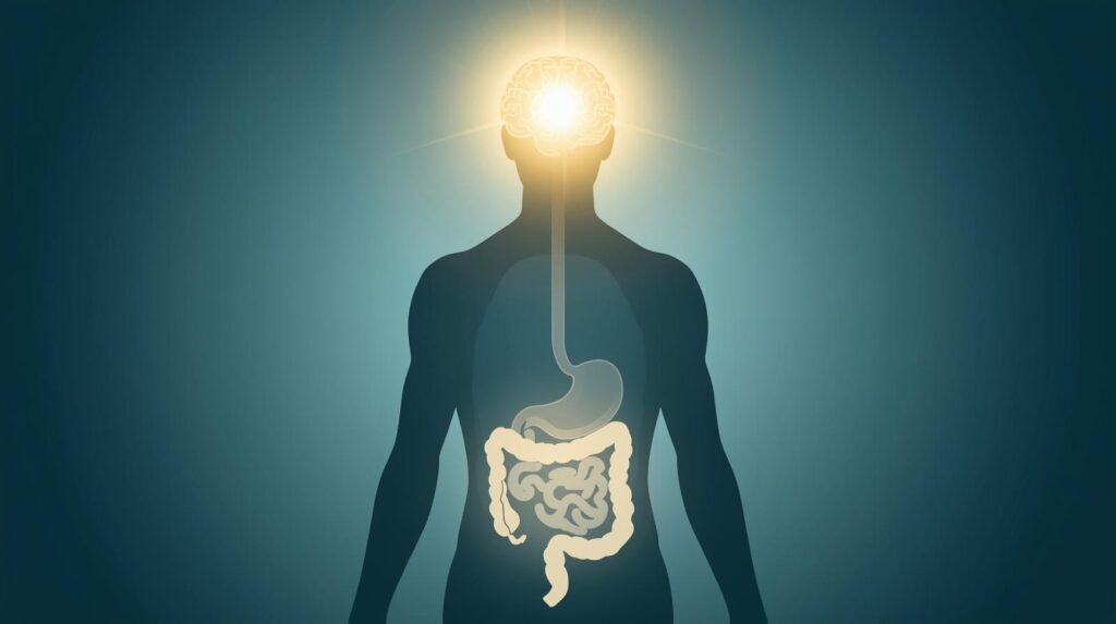 Gut Health and Mental Health connection showing brain and digestive system linked by neural pathways