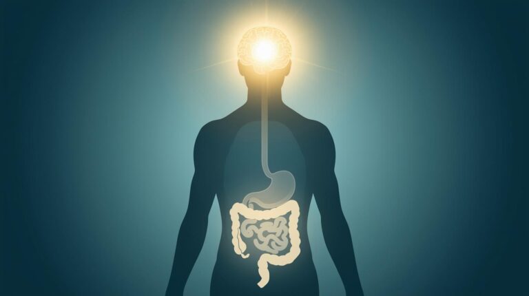 Gut Health and Mental Health connection showing brain and digestive system linked by neural pathways